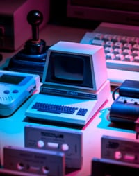 Retro pc image with neon lighting accents.